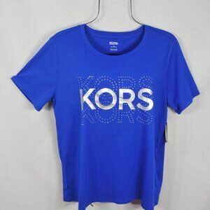 Michael Kors Women's Blouse L Royal Blue Silver Studded Logo Top Shirt